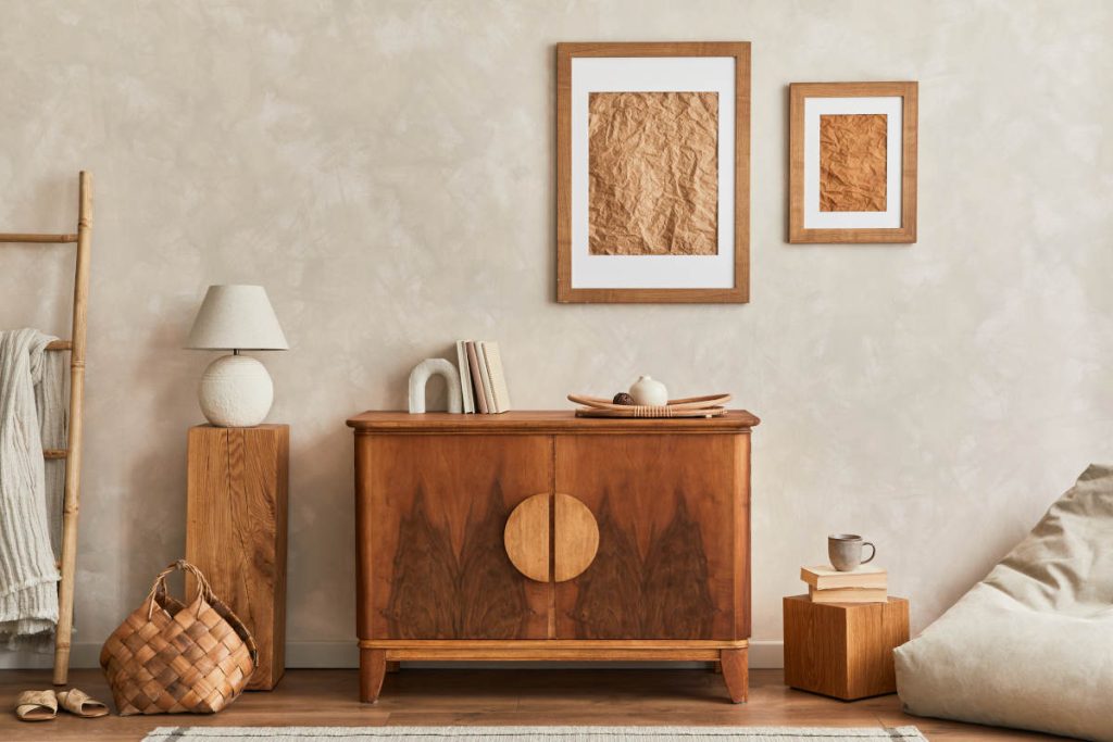 Interior design of neutral living room with stylish retro commod